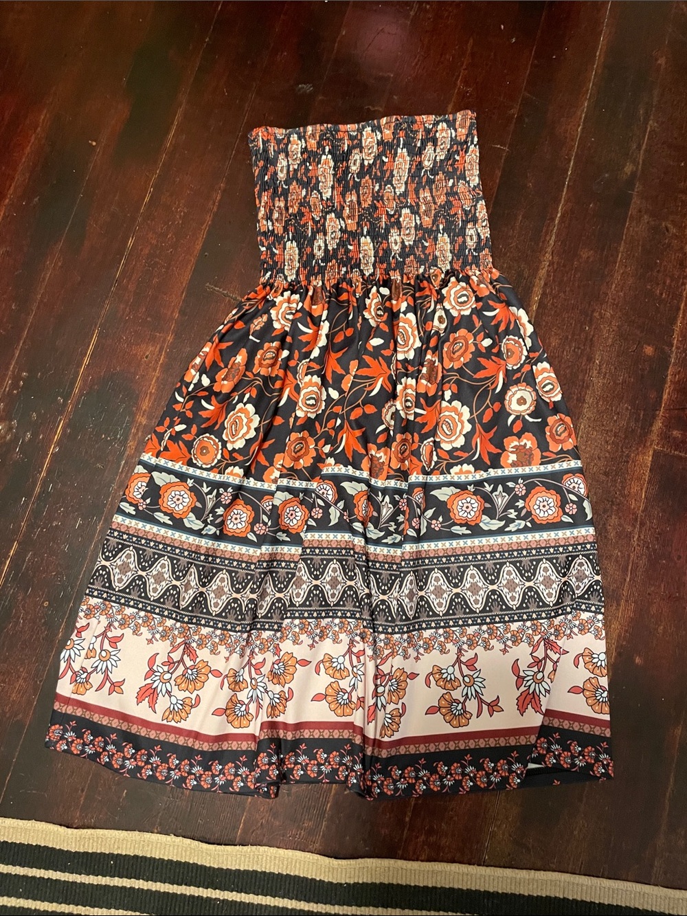 Boho Floral Smocked Midi strapless dress in Black and Orange